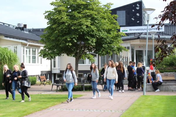 Flera ungdomar utanför skolans entré. Sommar med gröna träd och grön gräsmatta.