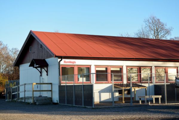 Bild på skolans hundhus, extriörbild med hudarnas rastgårdar.