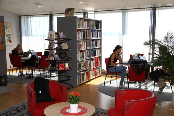Skolans bibliotek, röda fåtöljer i förgrunden, bokhylla och studerande elever i bakgrunden.