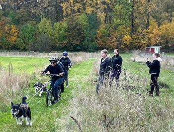 Flera personer med cyklar och hundar